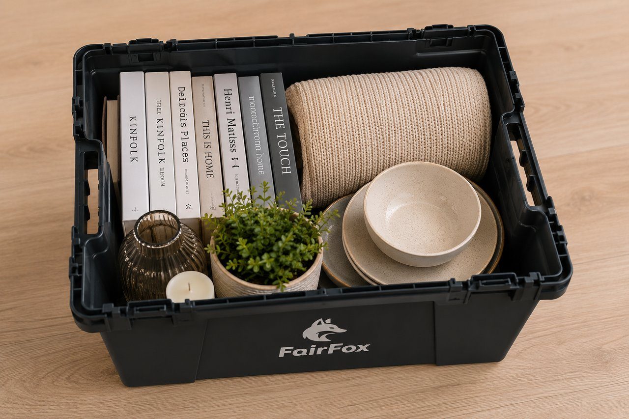 Eine FairFoxBox gefüllt mit Büchern, Geschirr, Vase und Pflanze - klassischer Wohnungsumzug.